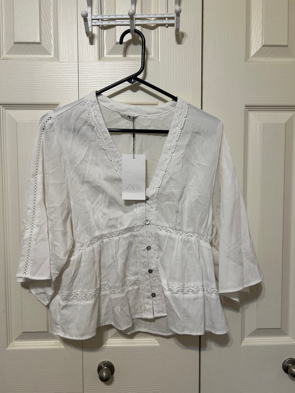 ZARA White Lace-Trim Button Peplum Blouse